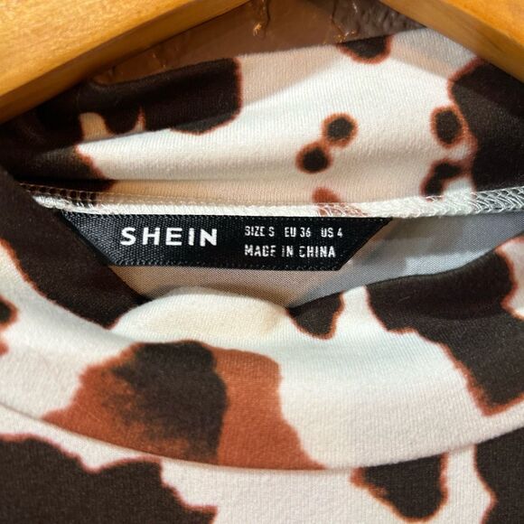 SHEIN Women’s Small White Brown Cow Pattern Long Sleeve Shirt - Picture 2 of 6